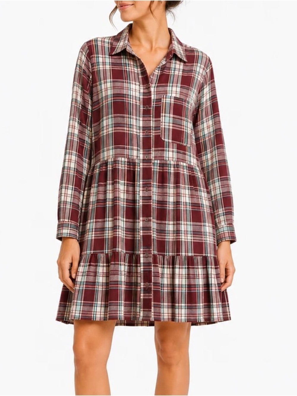 Loft Burgundy Plaid Tiered Ruffle Long Sleeve Dress